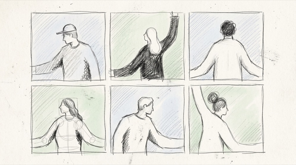 Hand-drawn sketch of six diverse figures in a grid