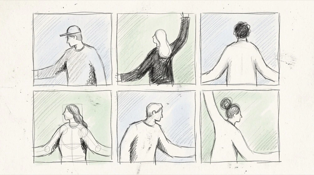 Hand-drawn sketch of six diverse figures in a grid