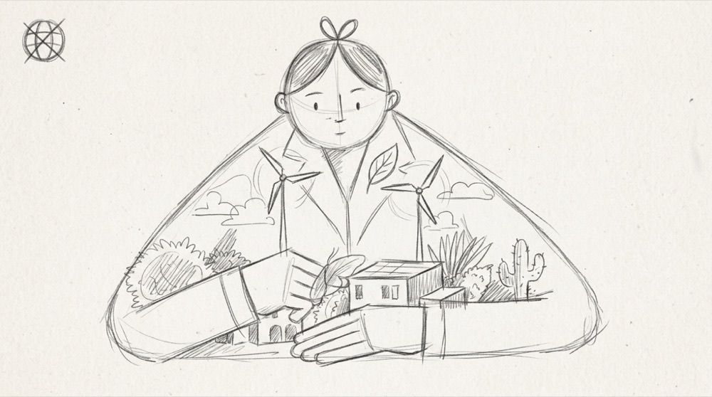 Hand-drawn sketch of a girl with wind turbines and a village