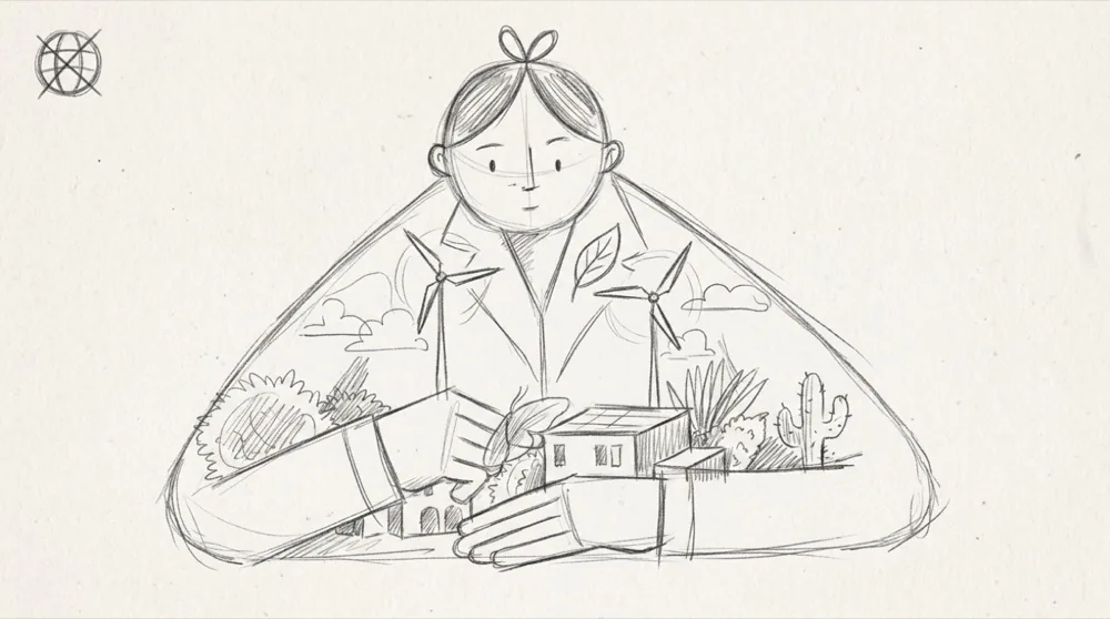 Hand-drawn sketch of a girl with wind turbines and a village