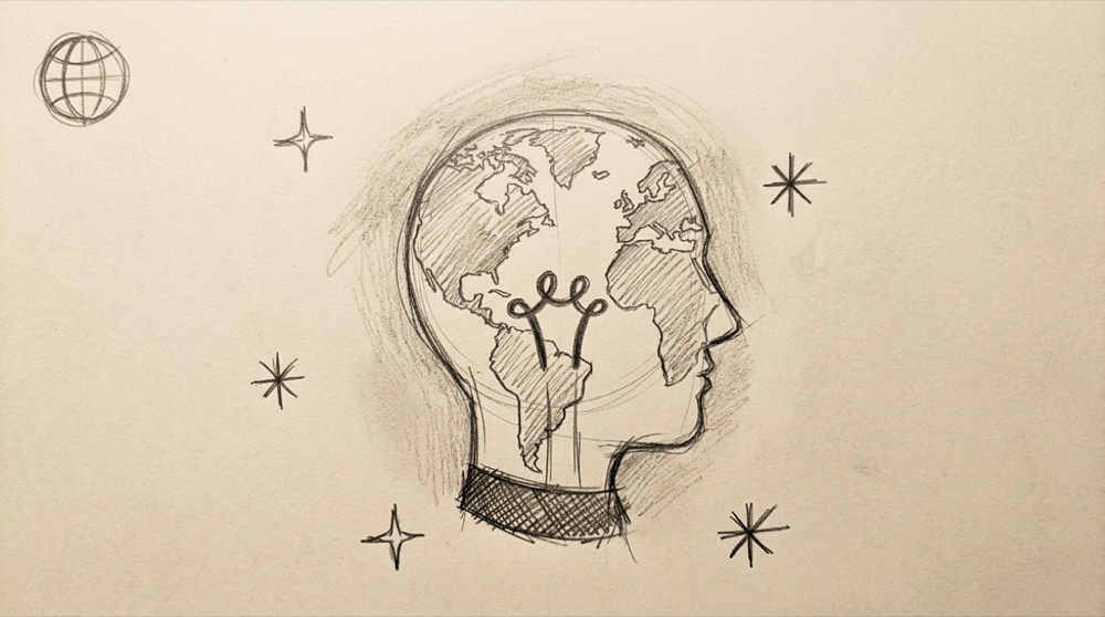 Hand-drawn sketch of a globe-shaped head