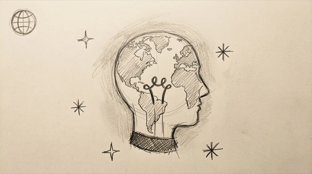 Hand-drawn sketch of a globe-shaped head