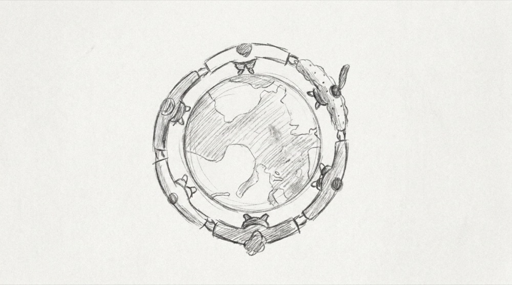 Hand-drawn sketch of a globe encircled by a chain of figures