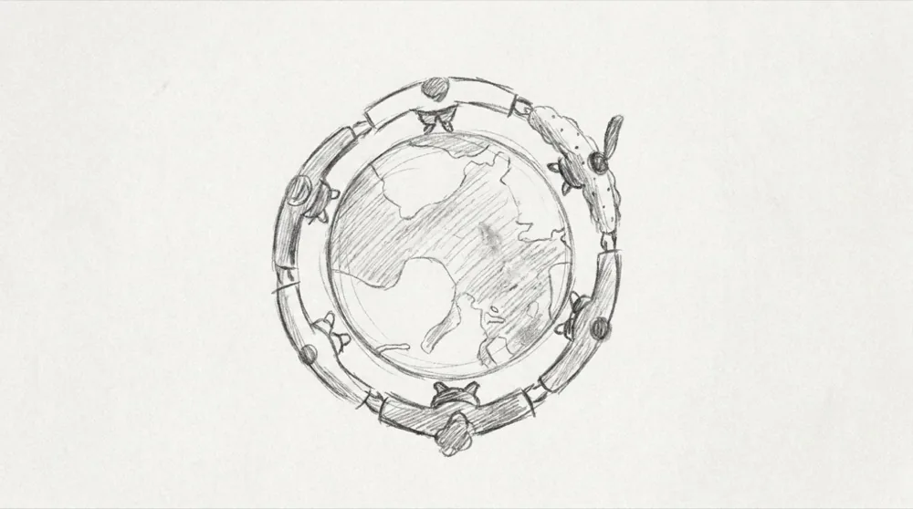 Hand-drawn sketch of a globe encircled by a chain of figures