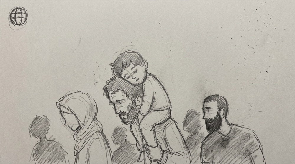 Hand-drawn sketch of a crowd carrying a child