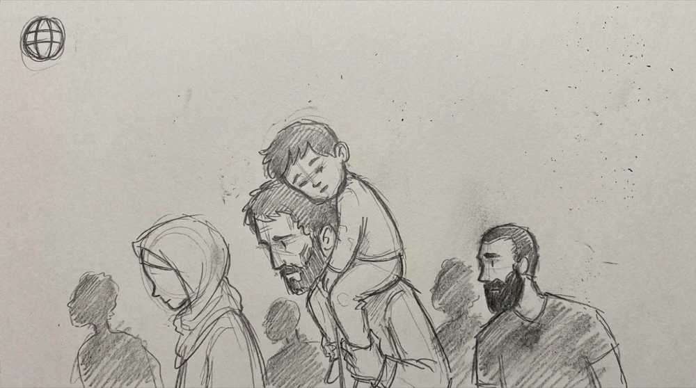 Hand-drawn sketch of a crowd carrying a child