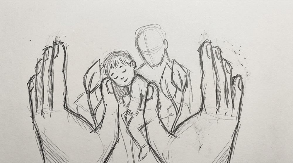 Hand-drawn sketch of hands cupping a child