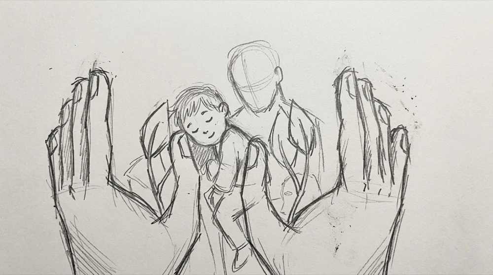 Hand-drawn sketch of hands cupping a child