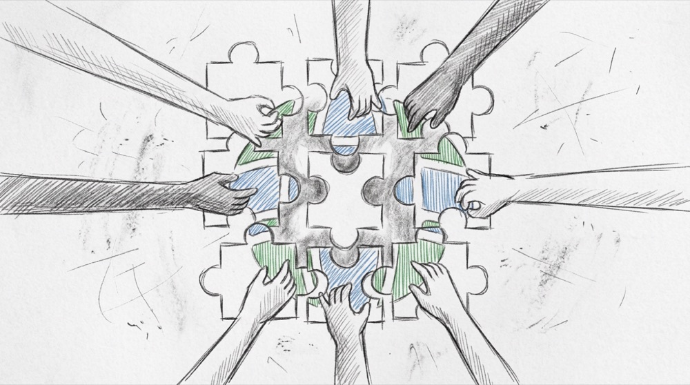 Hand-drawn sketch of hands assembling a puzzle