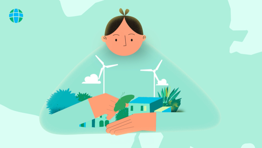 Illustration of a child with wind turbines and a village