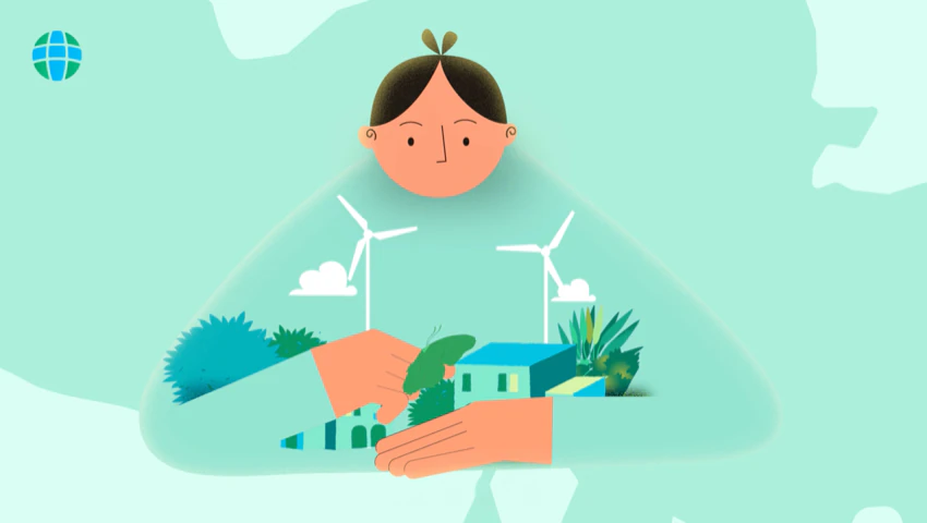 Illustration of a child with wind turbines and a village