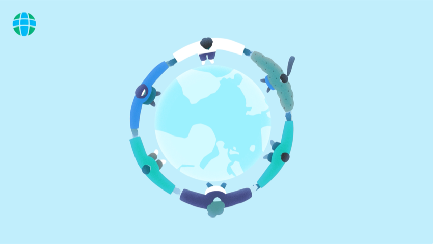 Illustration of a globe encircled by joined hands
