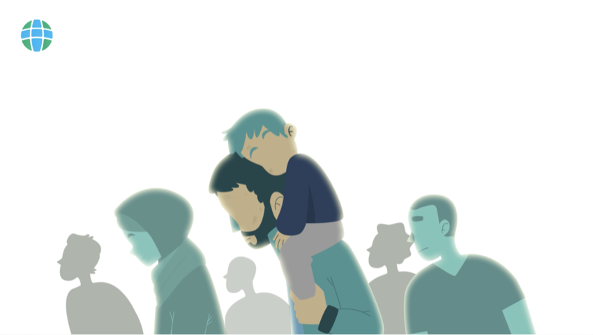 Illustration of a child carried on shoulders among a crowd