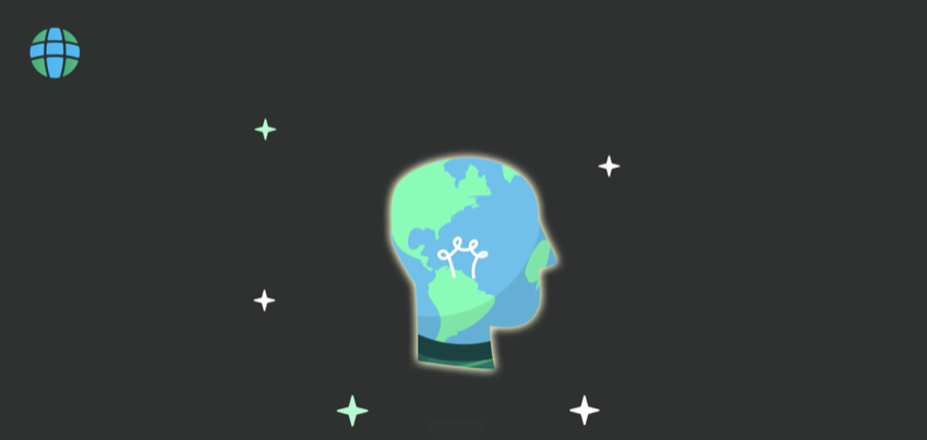Illustration of a globe-shaped head with a caring icon