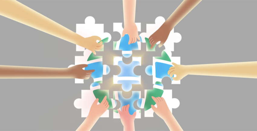 Illustration of hands assembling a puzzle from above