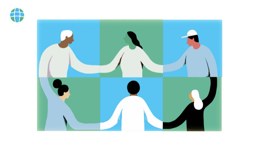 Grid of six diverse figures joining hands