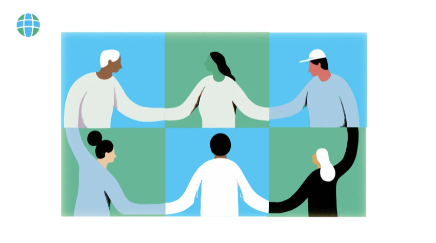 Grid of six diverse figures joining hands