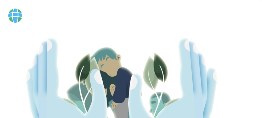Illustration of hands cupping a child among leaves