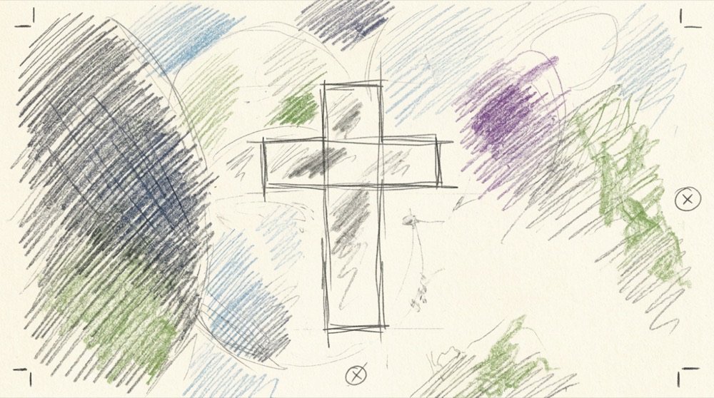 Hand-drawn color and texture study of the title cross
