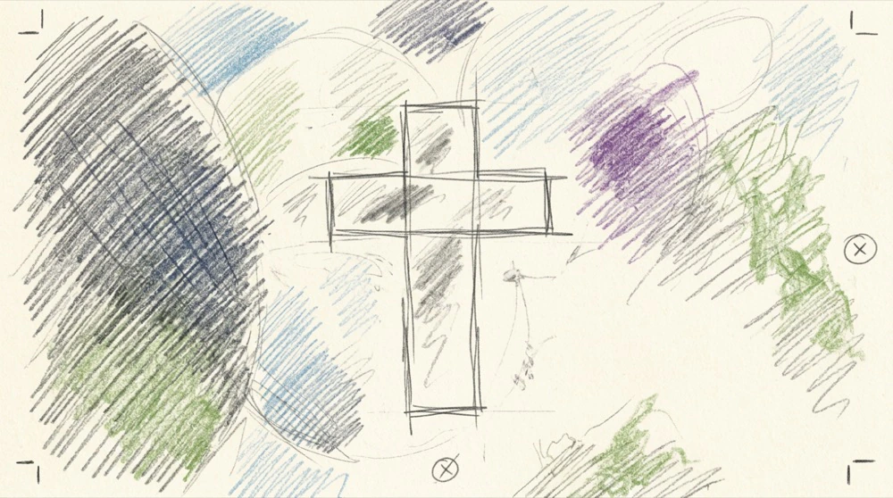 Hand-drawn color and texture study of the title cross