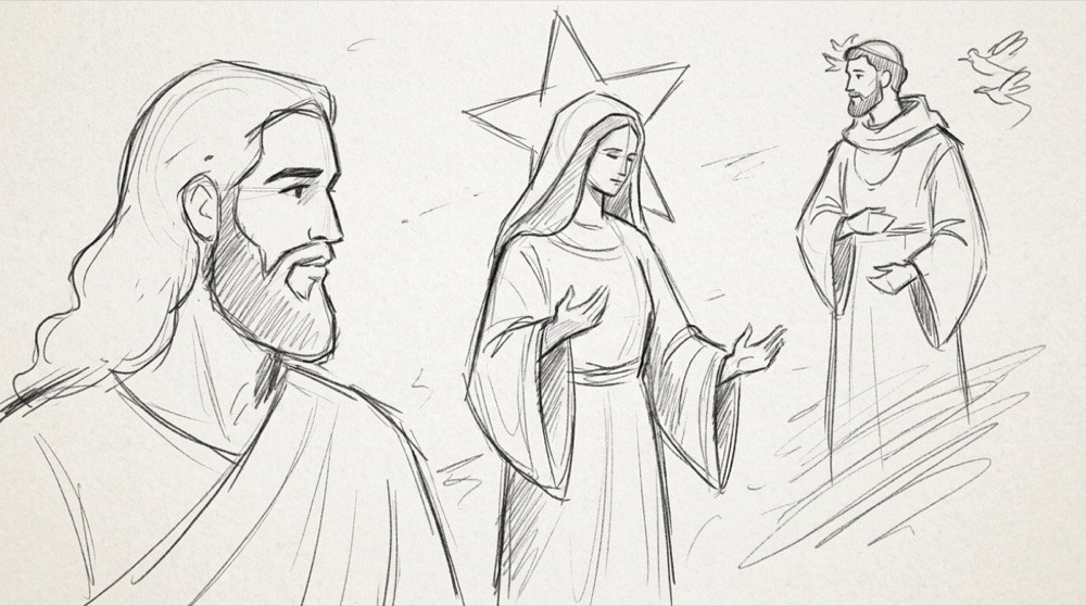 Hand-drawn sketch of Jesus, Mary and St. Francis