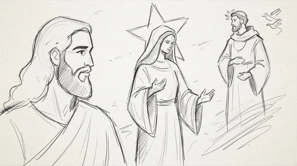 Hand-drawn sketch of Jesus, Mary and St. Francis