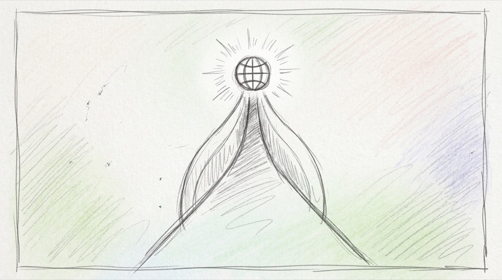 Hand-drawn sketch of a glowing mountain and globe icon