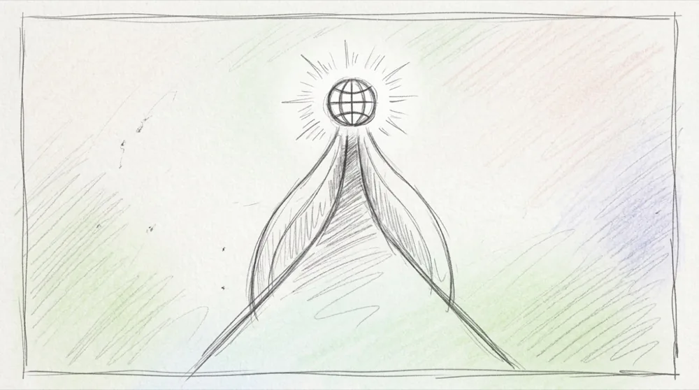 Hand-drawn sketch of a glowing mountain and globe icon
