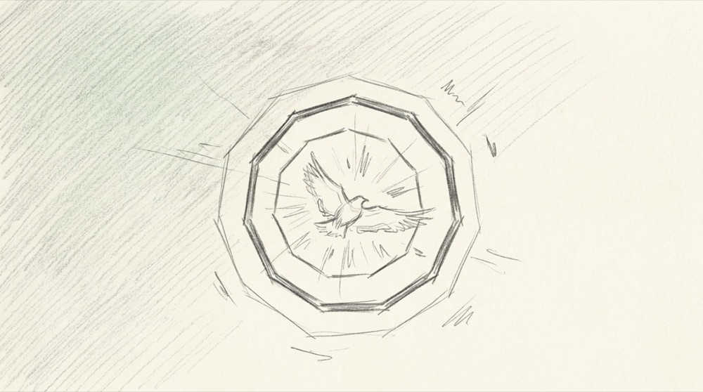 Hand-drawn sketch of a dove medallion