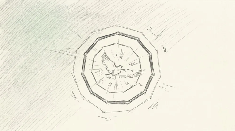 Hand-drawn sketch of a dove medallion