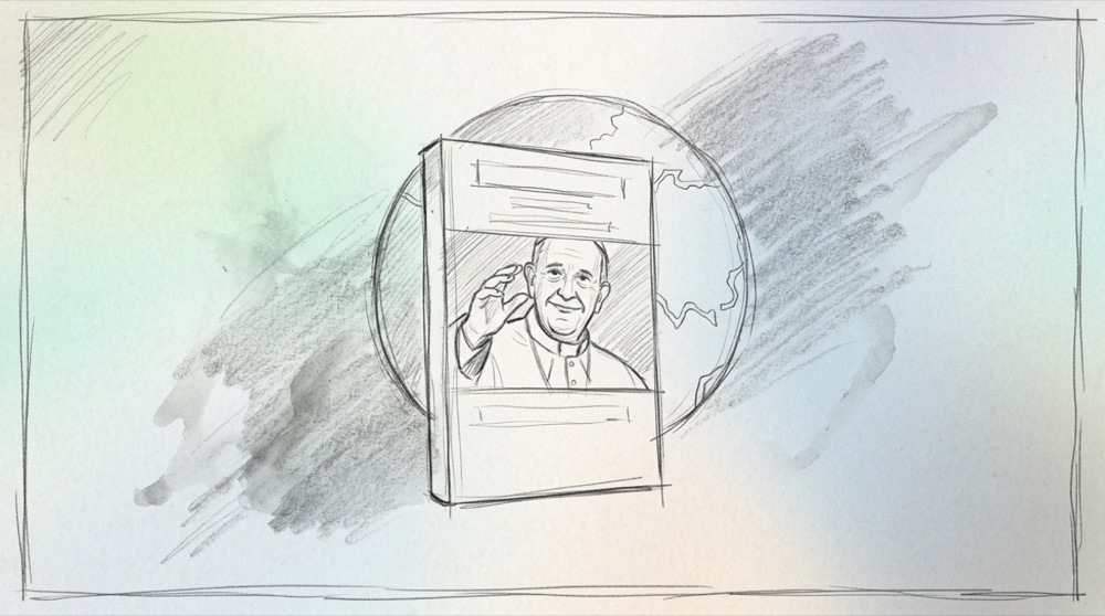 Hand-drawn sketch of Pope Francis, a book and the globe