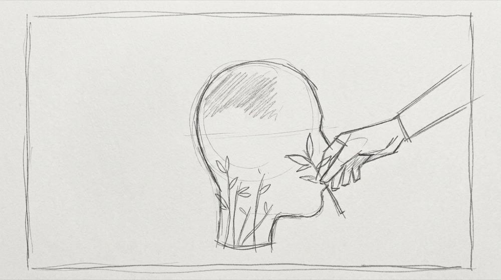 Hand-drawn sketch of a head silhouette with a hand placing a plant