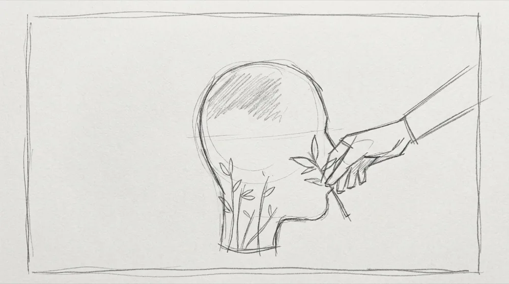 Hand-drawn sketch of a head silhouette with a hand placing a plant