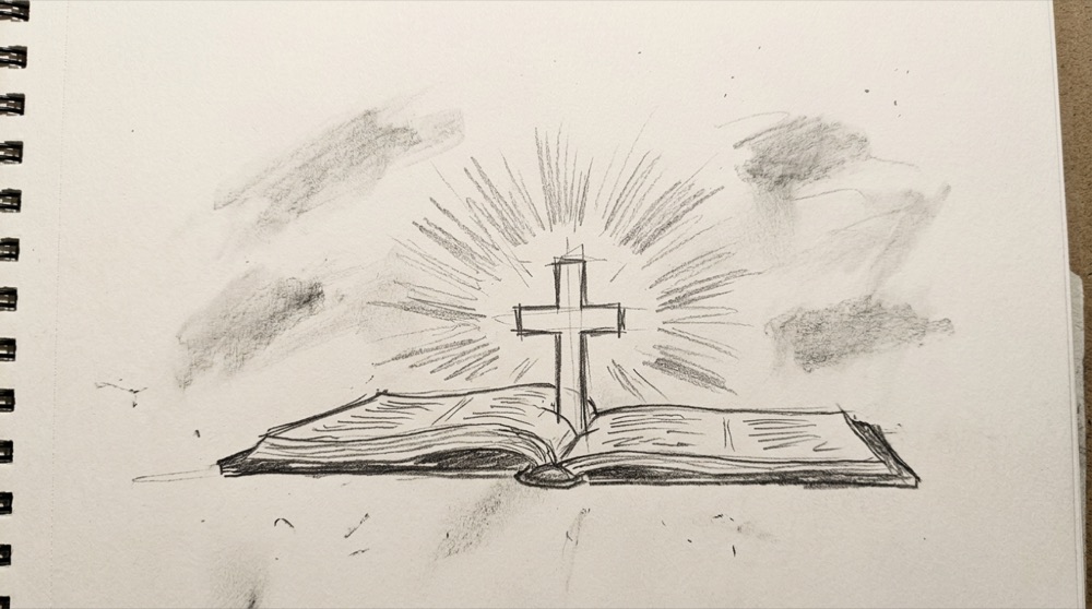 Hand-drawn sketch of a book and cross with rays