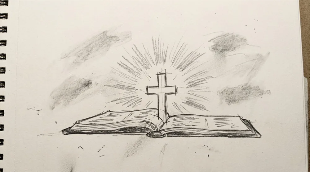Hand-drawn sketch of a book and cross with rays