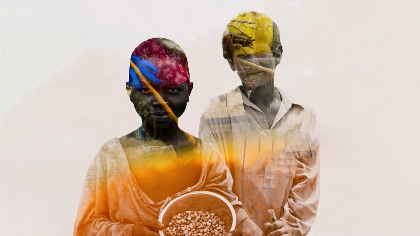 Double exposure of two children in colorful headscarves holding a bowl of grain