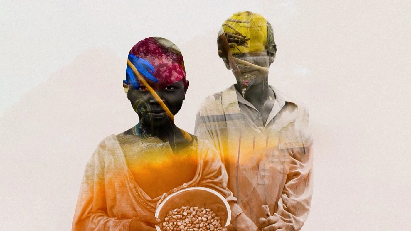 Double exposure of two children in colorful headscarves holding a bowl of grain