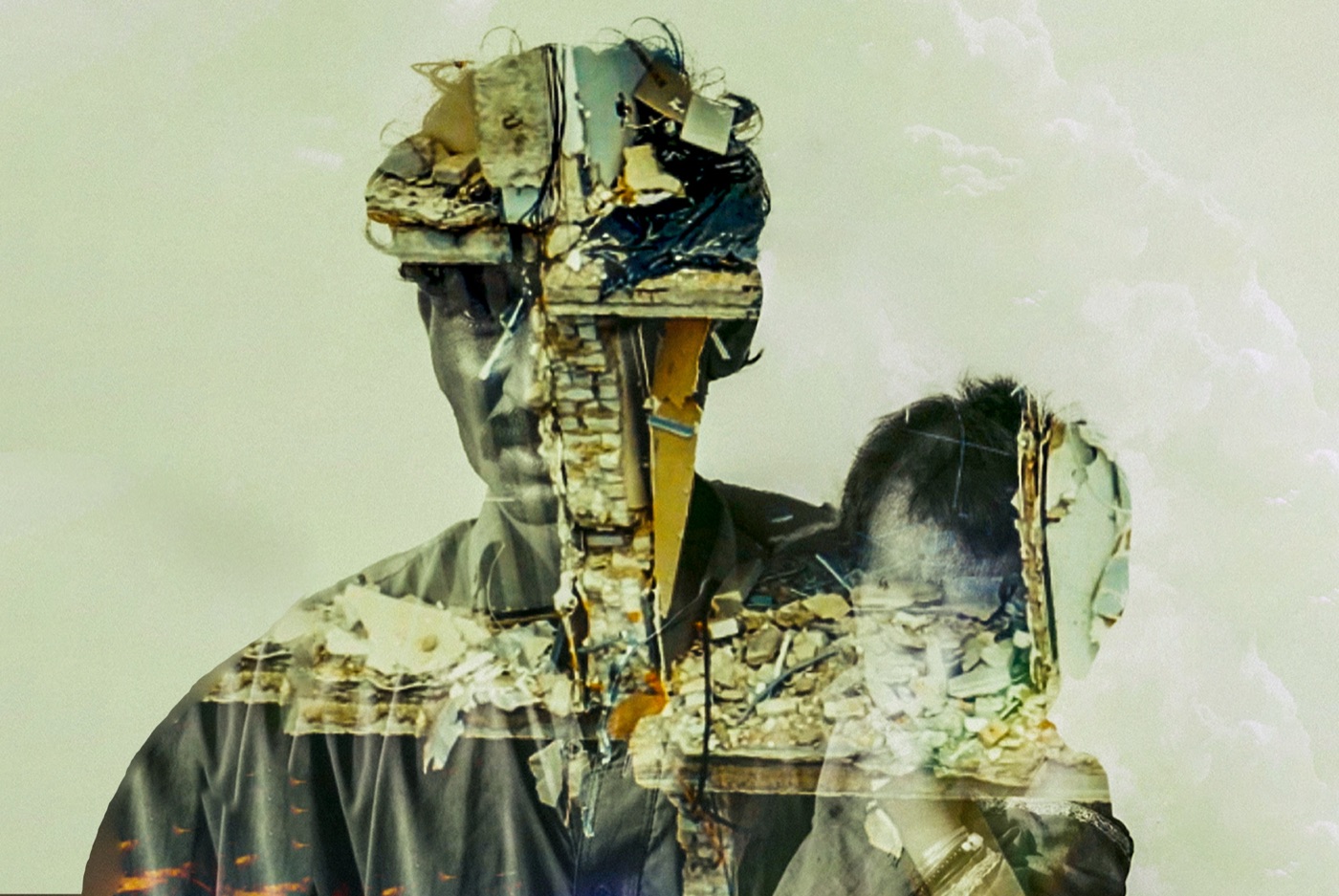 Double exposure of two men's faces layered with rubble and wreckage