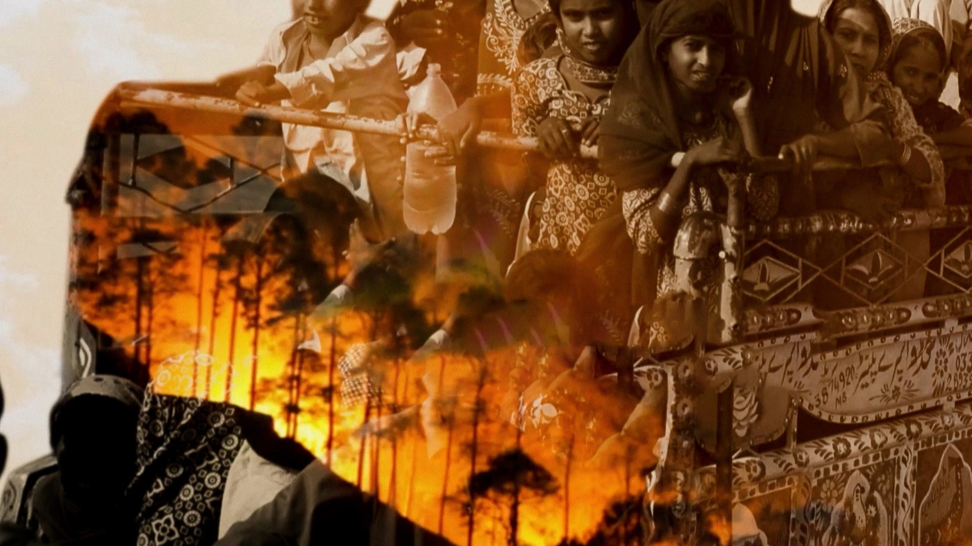 Double exposure of a truck crowded with people layered with a burning forest