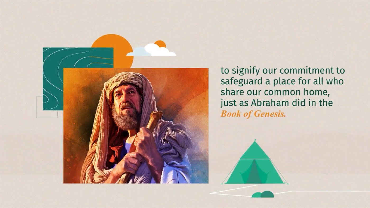 Illustrated painting of Abraham holding a walking staff, over a green title card