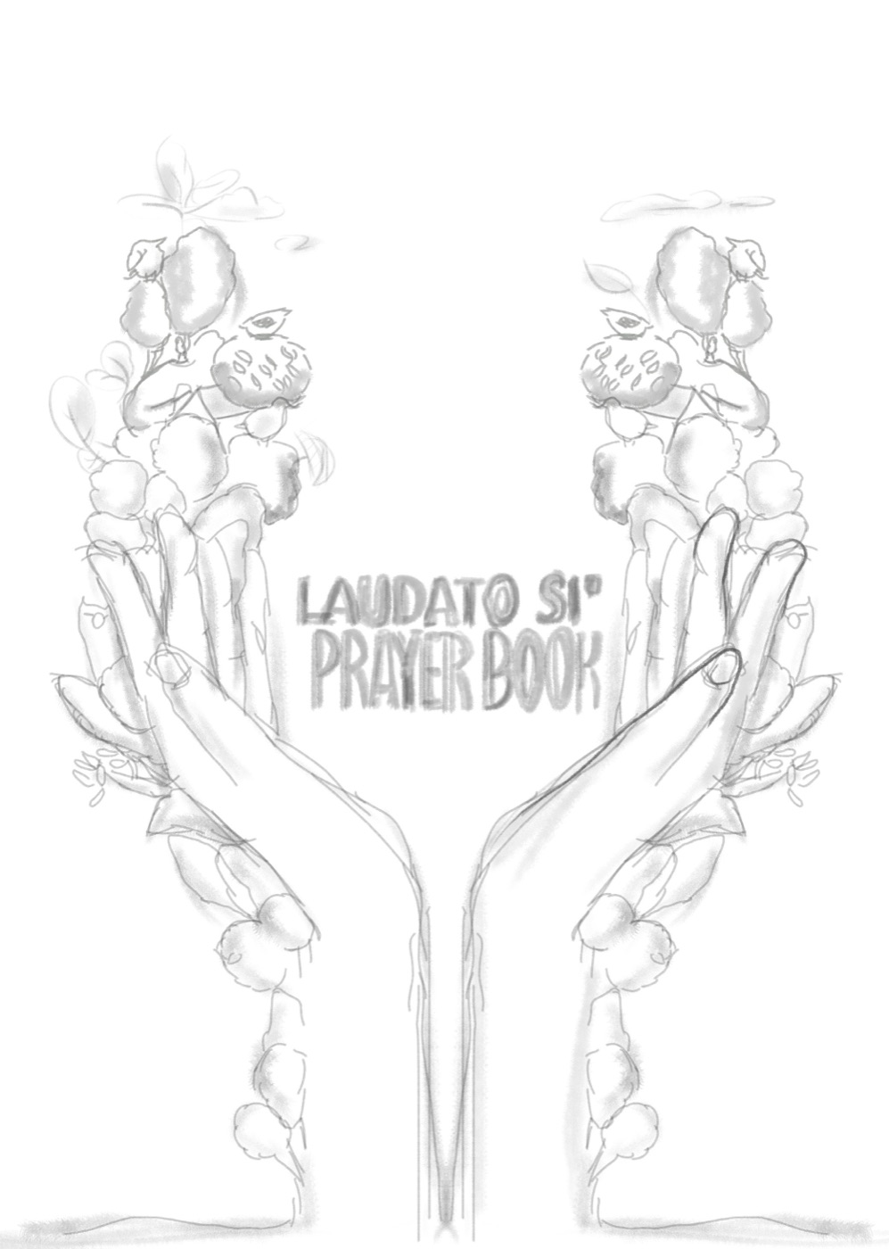 Hand-drawn sketch of the hands-and-cactus concept next to the finished cover lockup