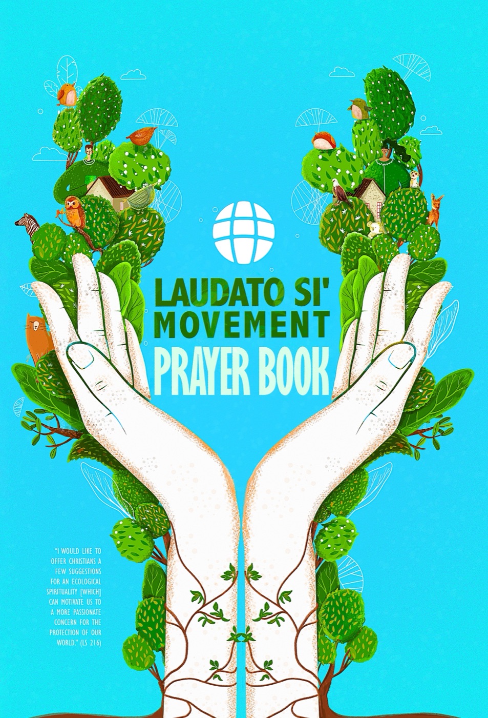 Flat illustrated cover of the Laudato Si Movement Prayer Book, hands cradling a living world