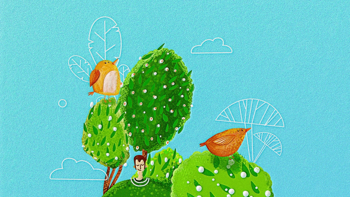 Detail illustration of birds perched on cactus-topiary trees