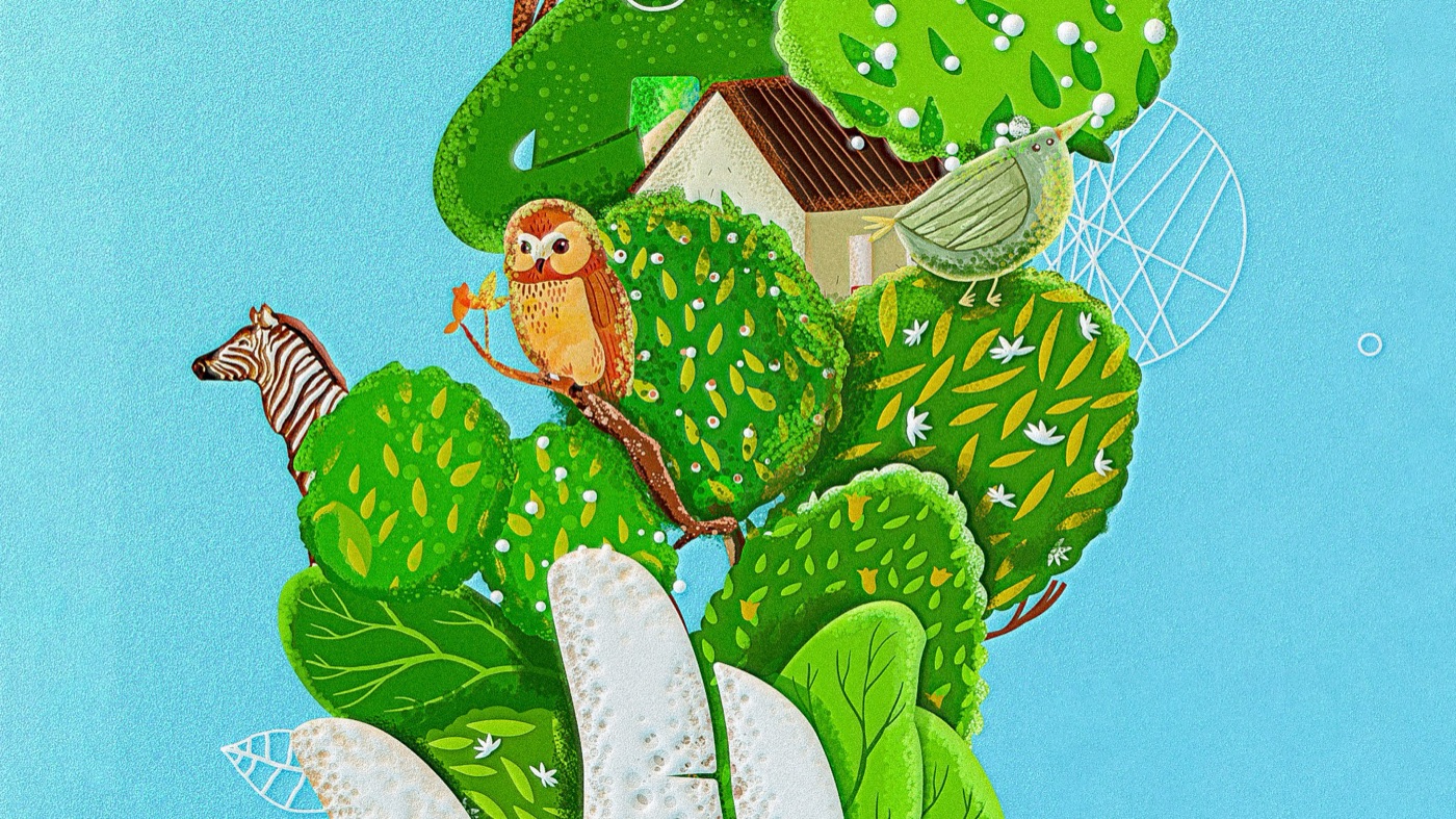 Detail illustration of an owl, a zebra and a small house among the trees