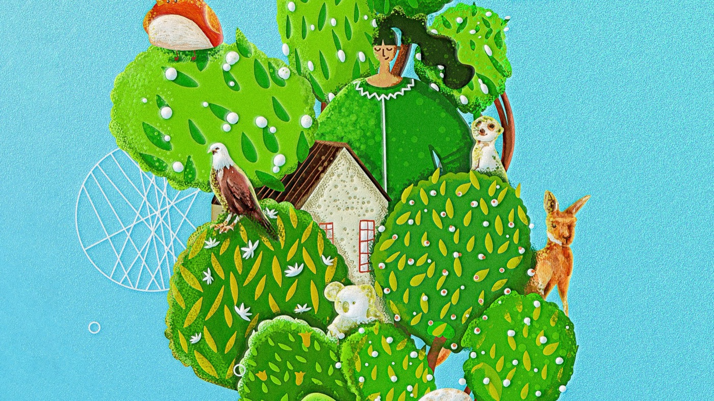 Detail illustration of an eagle, a kangaroo and a meerkat among the trees