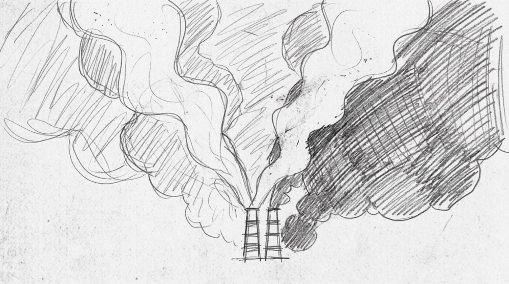 Hand-drawn sketch of smokestacks and smoke