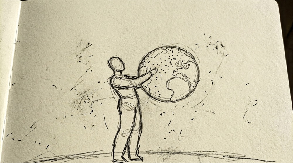 Hand-drawn sketch of a figure holding a globe
