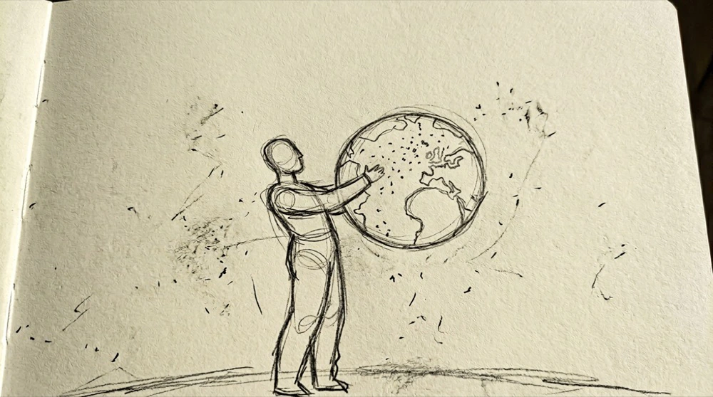Hand-drawn sketch of a figure holding a globe
