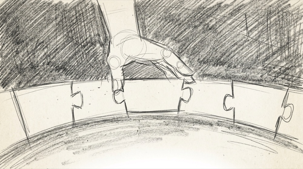 Hand-drawn sketch of hands assembling a puzzle arc