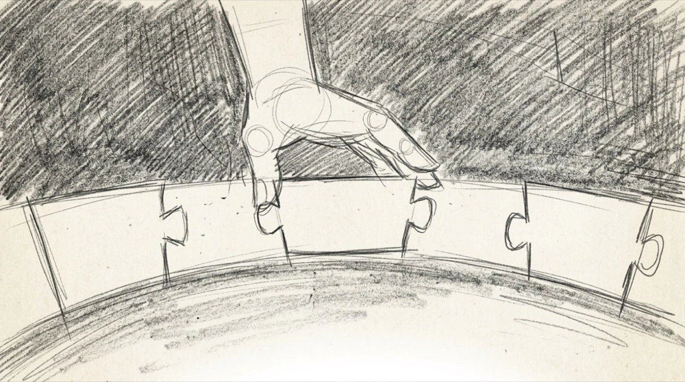 Hand-drawn sketch of hands assembling a puzzle arc